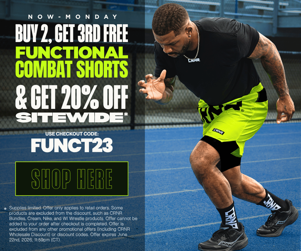 Promotional banner for Combat Corner Father's Day Weekend deal of buy 2, get 3rd free Functional Combat Shorts and 20% off select products sitewide when you use the checkout code FUNCT23.