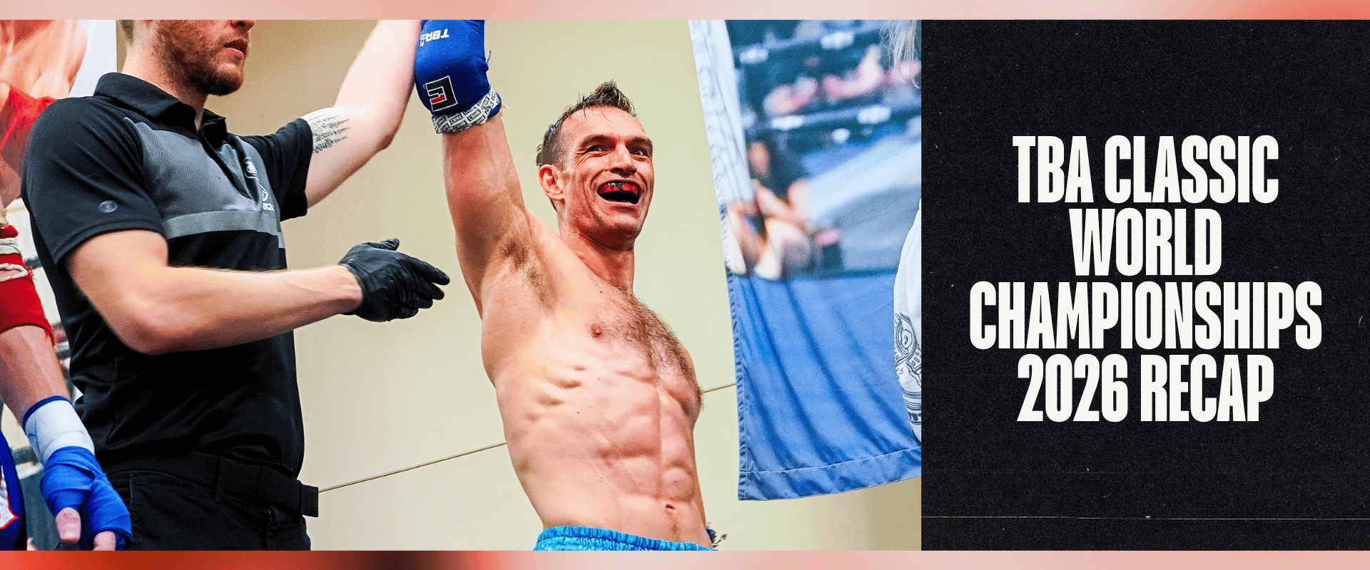 A promotional graphic banner featuring a smiling Muay Thai fighter with his arm raised in victory wearing a blue Combat Corner wrist wrap, alongside the text 