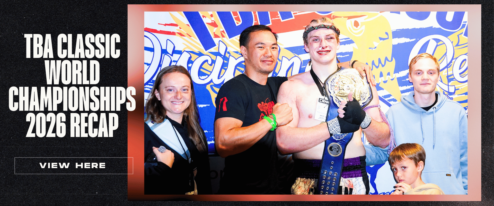A promotional graphic banner featuring a smiling Muay Thai fighter with his arm raised in victory wearing a blue Combat Corner wrist wrap, alongside the text 
