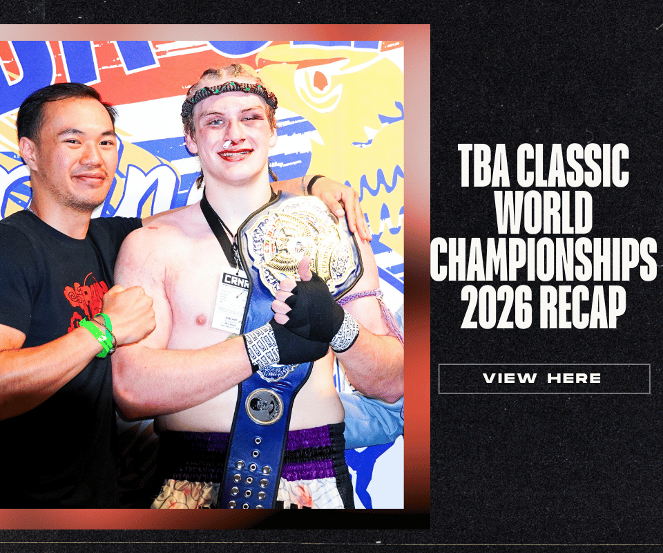 A promotional graphic banner featuring a smiling Muay Thai fighter with his arm raised in victory wearing a blue Combat Corner wrist wrap, alongside the text 