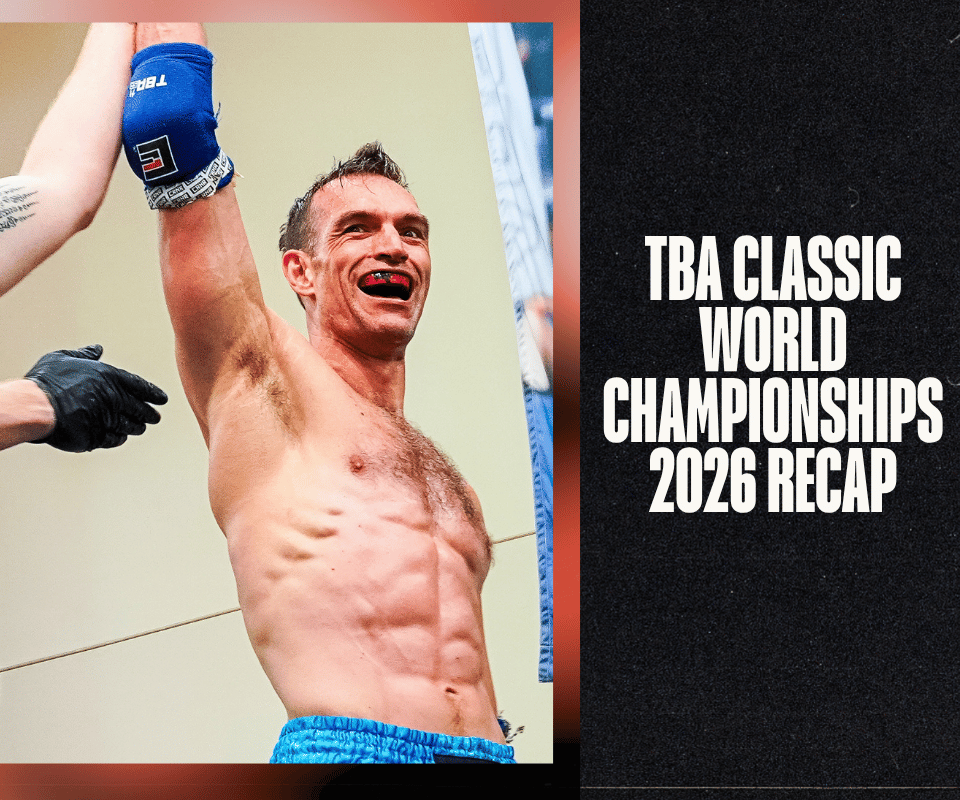 A promotional graphic banner featuring a smiling Muay Thai fighter with his arm raised in victory wearing a blue Combat Corner wrist wrap, alongside the text 